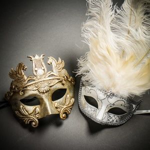 Tall Feather Couple's Masks Silver White Woman Wedding Party Eye Halloween Party